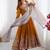 Mustard georgette embroidered flared gown set