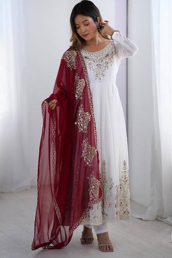 White georgette embroidered flared gown set