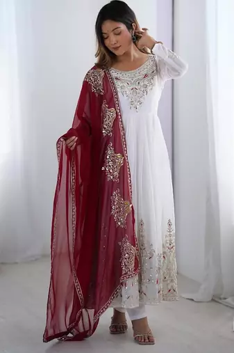 White georgette embroidered flared gown set