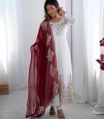 White georgette embroidered flared gown set