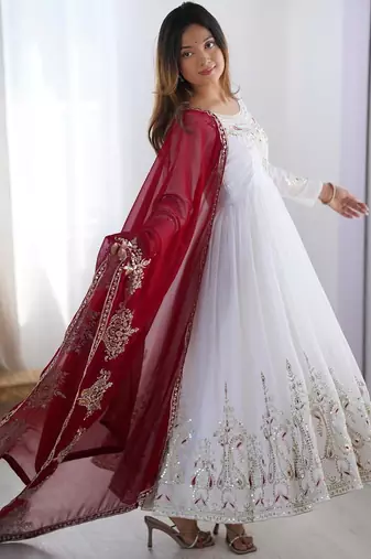 White georgette embroidered flared gown set