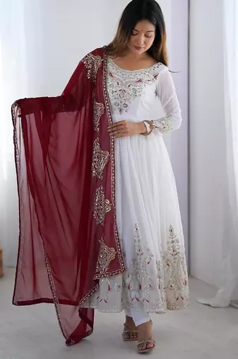 White georgette embroidered flared gown set