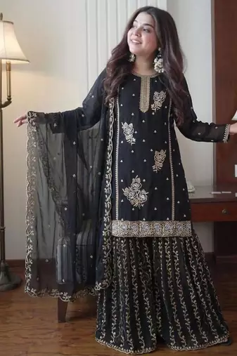 Black georgette embroidered sharara set