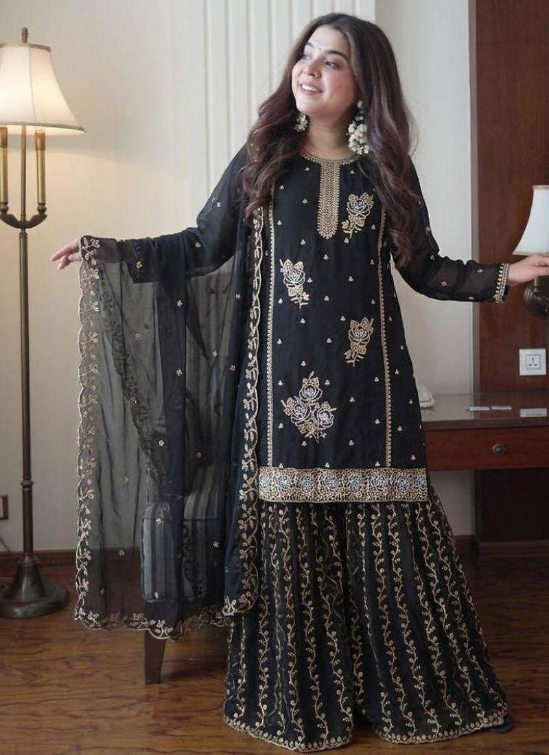 Black georgette embroidered sharara set