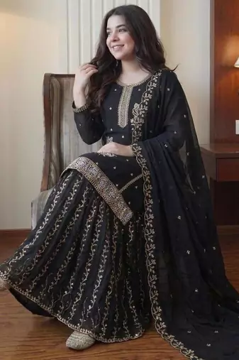 Black georgette embroidered sharara set