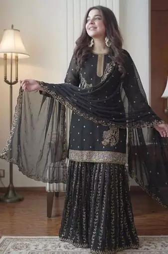 Black georgette embroidered sharara set