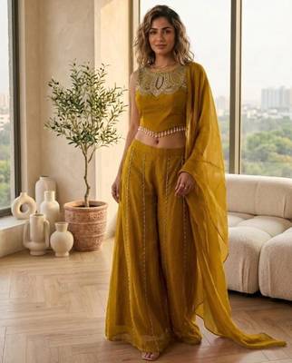 Mustard satin embroidered sharara set 1