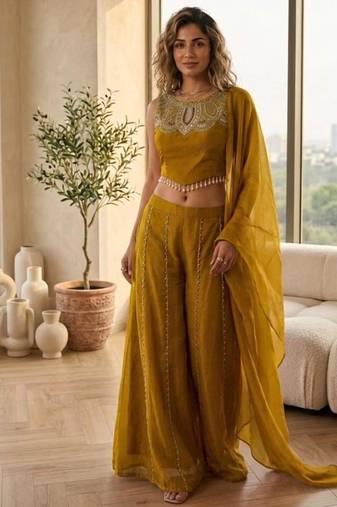 Mustard satin embroidered sharara set
