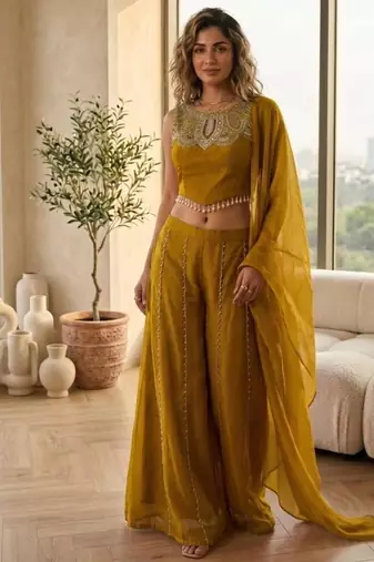 Mustard satin embroidered sharara set