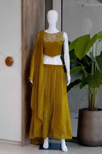 Mustard satin embroidered sharara set