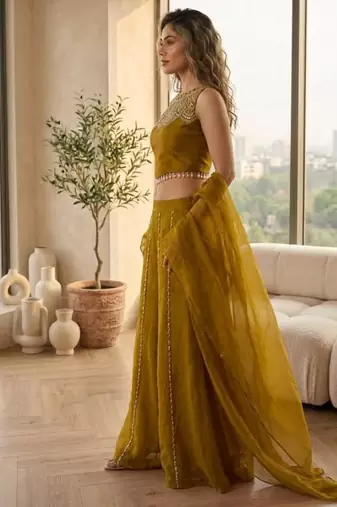 Mustard satin embroidered sharara set