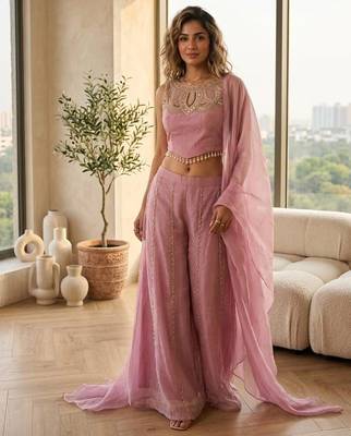 Mustard satin embroidered sharara set 1