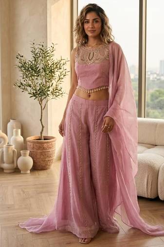 Mustard satin embroidered sharara set