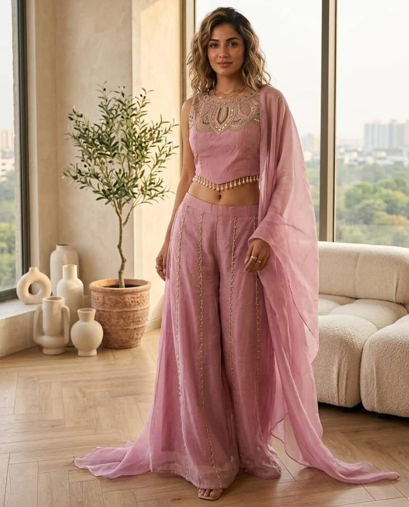 Mustard satin embroidered sharara set