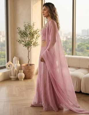 Mustard satin embroidered sharara set 2