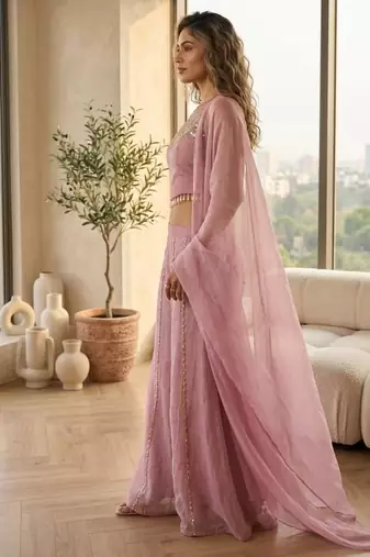 Mustard satin embroidered sharara set