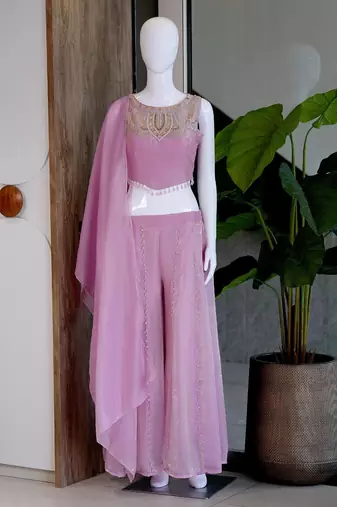 Mustard satin embroidered sharara set