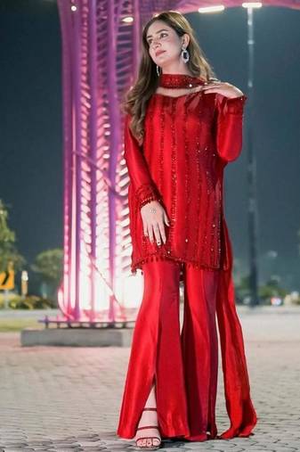 Red silk blend embroidered palazzo set