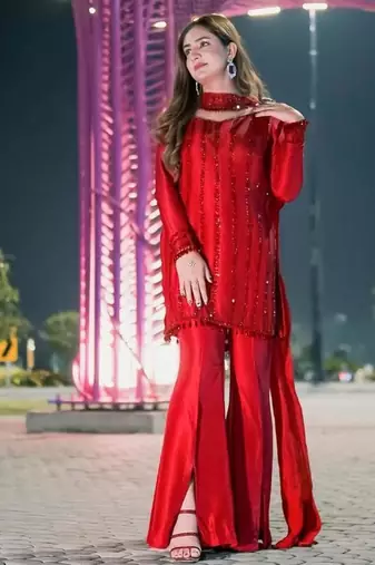 Red silk blend embroidered palazzo set