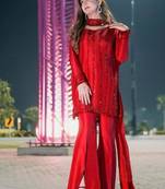 Red silk blend embroidered palazzo set