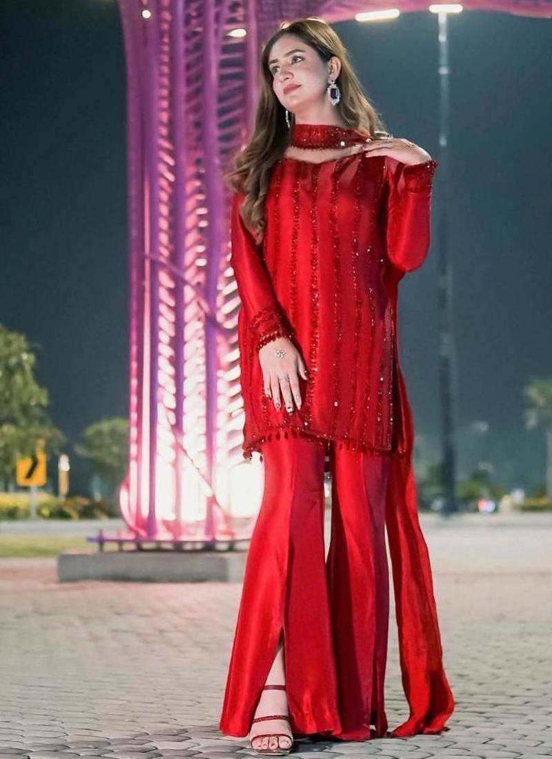 Red silk blend embroidered palazzo set
