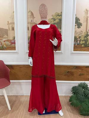 Red silk blend embroidered palazzo set 2