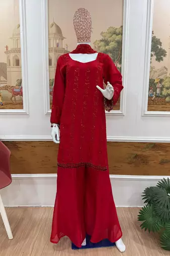 Red silk blend embroidered palazzo set