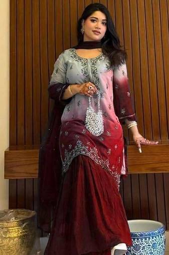 Maroon silk blend embroidered sharara set