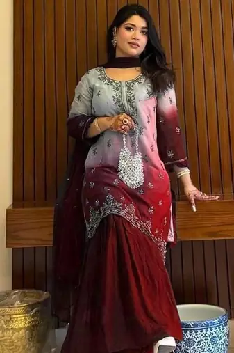 Maroon silk blend embroidered sharara set