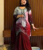 Maroon silk blend embroidered sharara set
