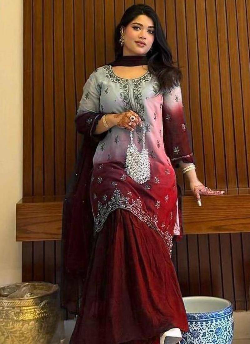 Maroon silk blend embroidered sharara set