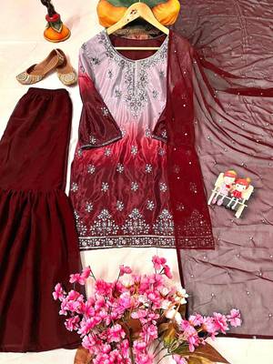 Maroon silk blend embroidered sharara set 2