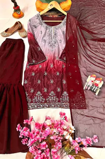 Maroon silk blend embroidered sharara set