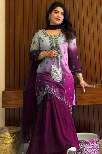 Purple silk blend embroidered sharara set