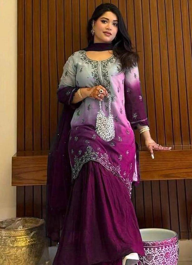 Purple silk blend embroidered sharara set