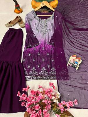 Purple silk blend embroidered sharara set 2