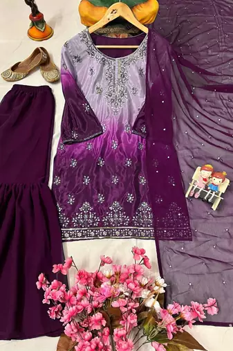 Purple silk blend embroidered sharara set