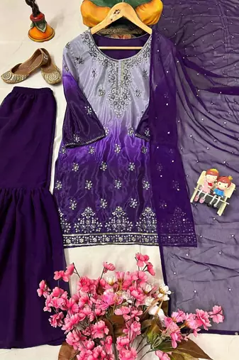 Royal blue silk blend embroidered sharara set