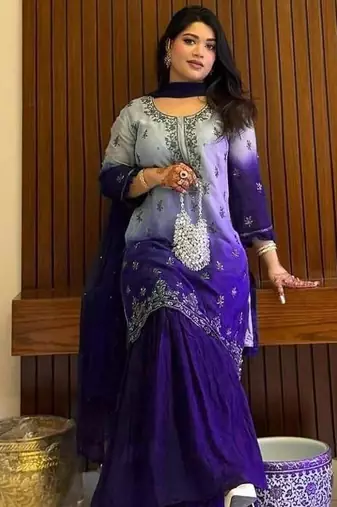 Royal blue silk blend embroidered sharara set