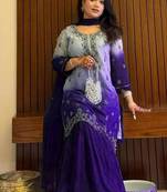 Royal blue silk blend embroidered sharara set
