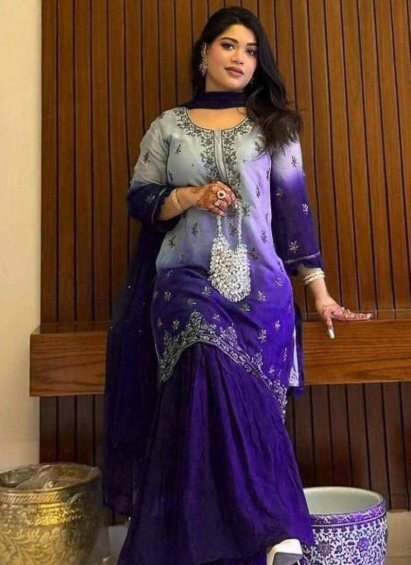 Royal blue silk blend embroidered sharara set