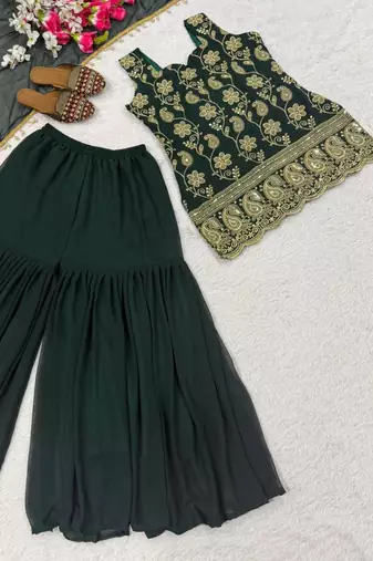 Green faux georgette embroidered palazzo set