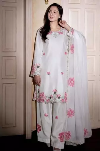White silk blend embroidered farshi salwar set