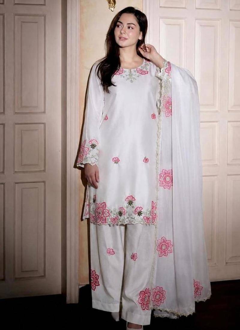 White silk blend embroidered farshi salwar set