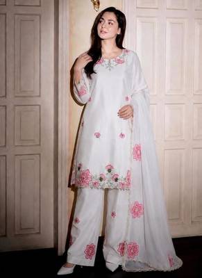 White silk blend embroidered farshi salwar set 2