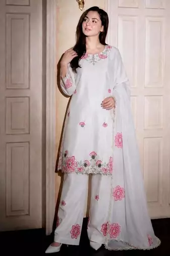 White silk blend embroidered farshi salwar set
