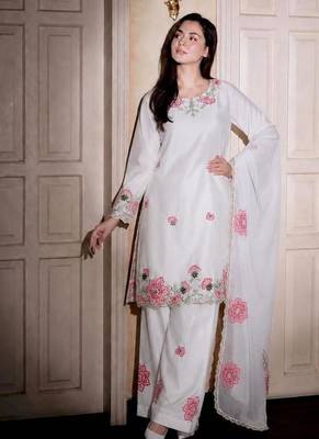 White silk blend embroidered farshi salwar set 3
