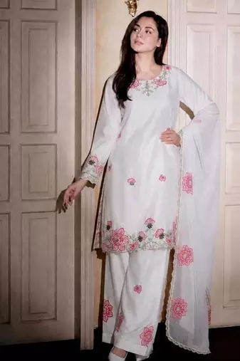 White silk blend embroidered farshi salwar set
