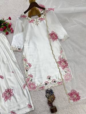 White silk blend embroidered farshi salwar set 4