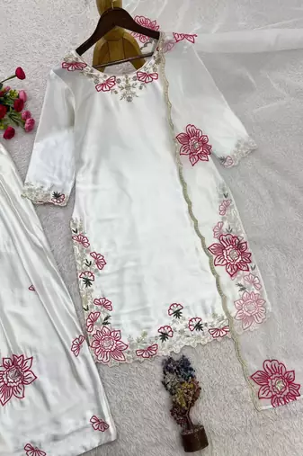 White silk blend embroidered farshi salwar set